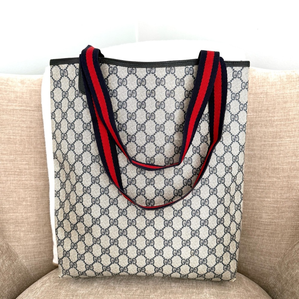 Gucci authentic navy grey monogram coated canvas tote bag ribbon handles - Picture 7 of 16